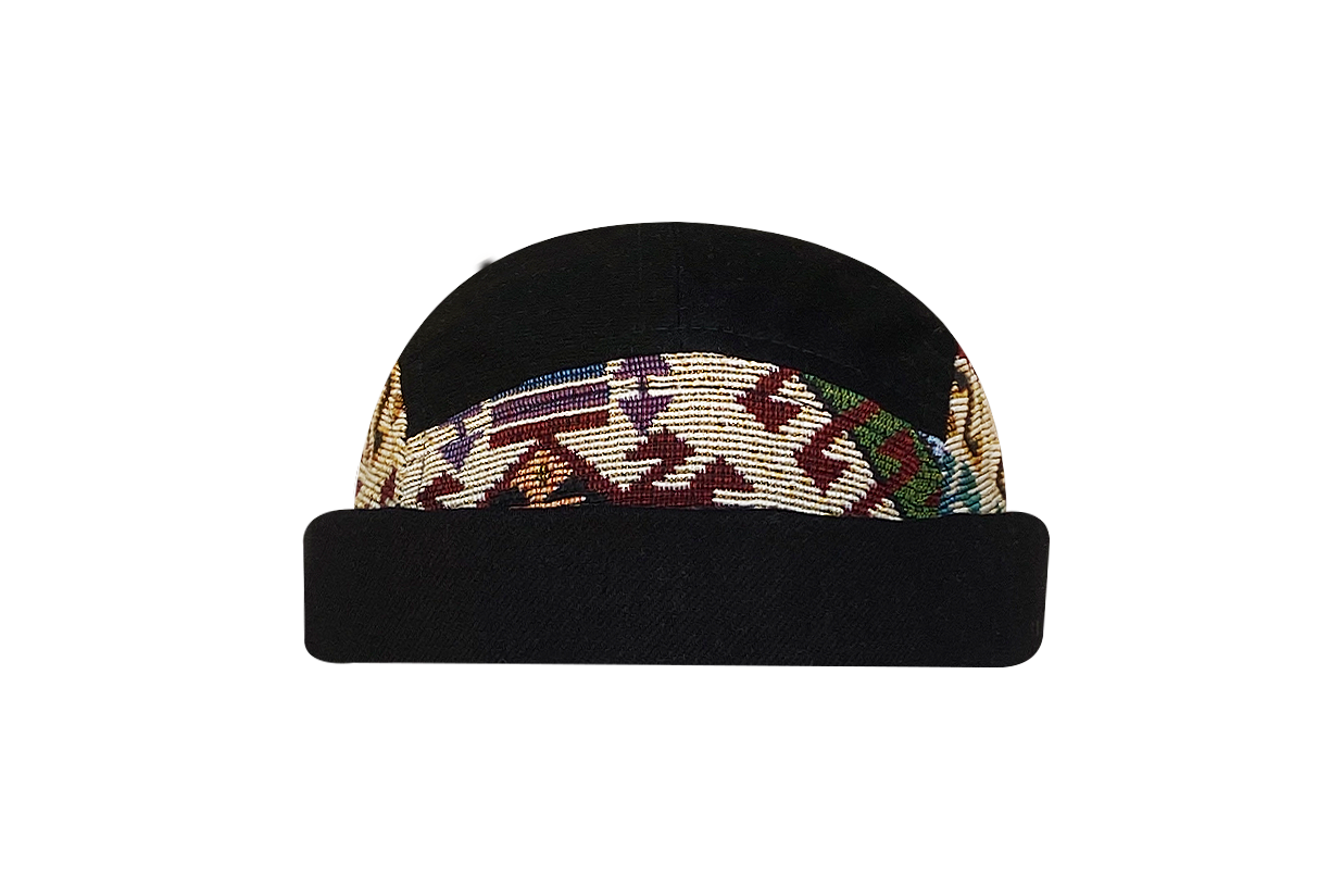 docker bonnet court miki breton five panel upcycling  artisanal noir denim motif made in france 
