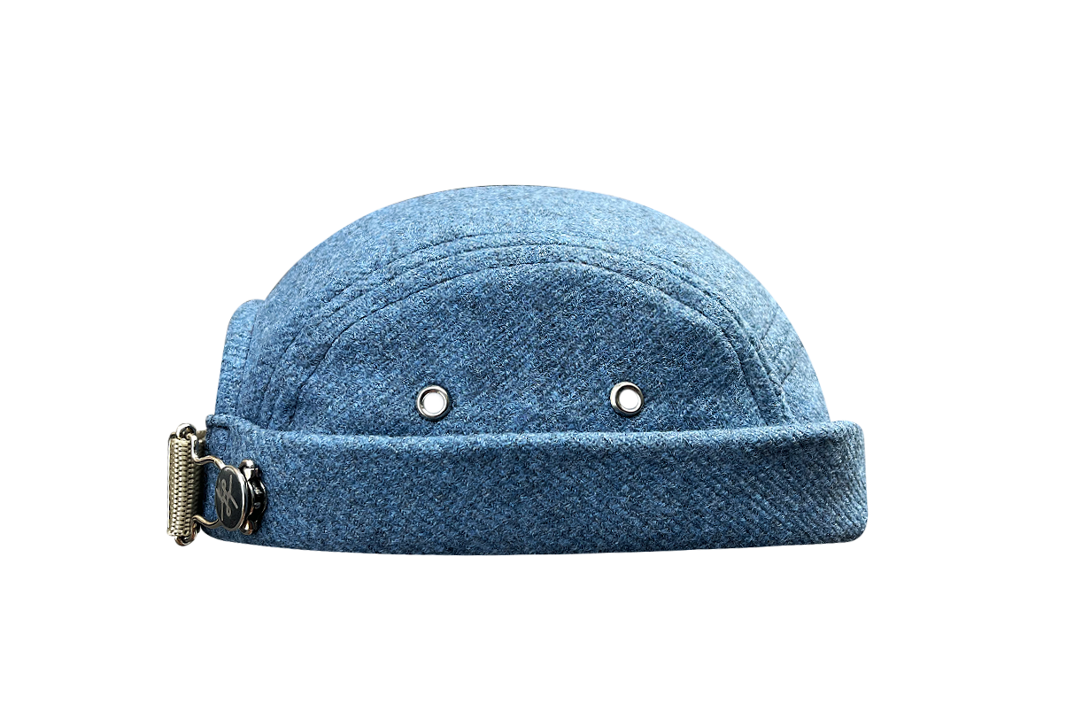 docker bonnet court miki breton five panel upcycling  artisanal bleu laine made in france 
