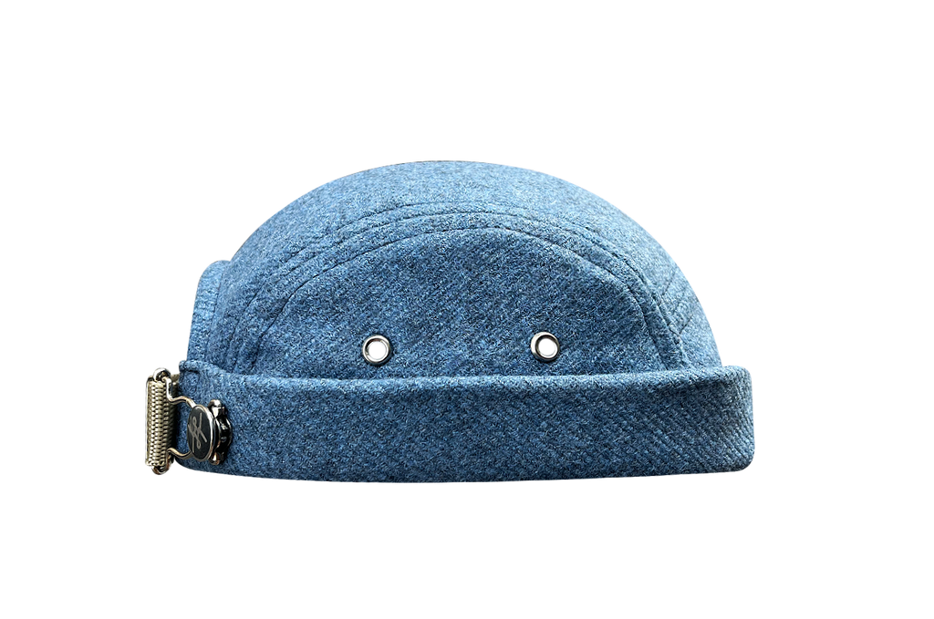 docker bonnet court miki breton five panel upcycling  artisanal bleu laine made in france 
