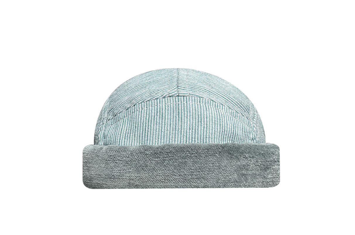 docker bonnet court miki breton five panel upcycling  artisanal bleu rayé vert anismade in france 
