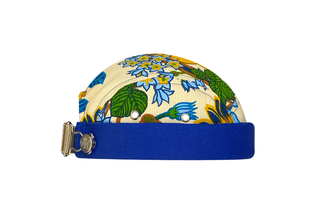 docker bonnet court miki breton five panel upcycling  artisanal bleu motif fleur été made in france 