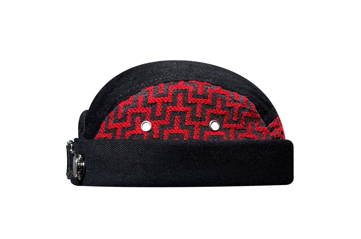 docker bonnet court miki breton five panel upcycling  artisanal hiver noir rouge motif géométrique made in france 
