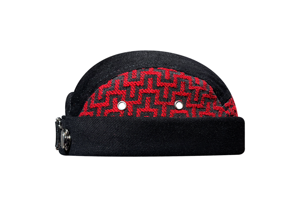 docker bonnet court miki breton five panel upcycling  artisanal hiver noir rouge motif géométrique made in france 
